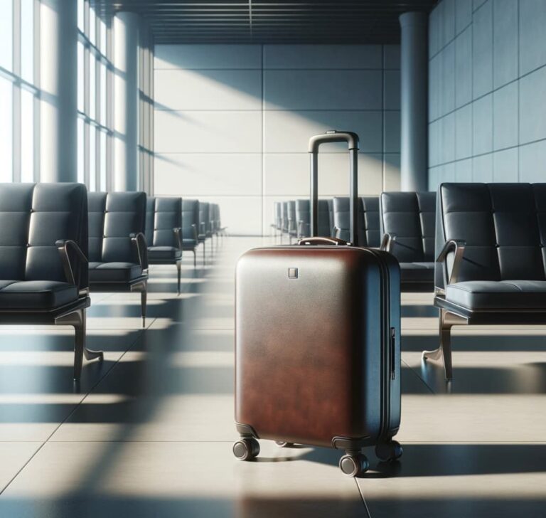 A solitary carry-on luggage standing in the sunlit airport lounge, embodying minimalist travel