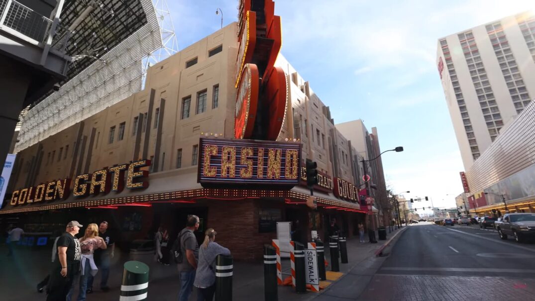 Daytime image of the Golden Gate Casino front entrance on a Las Vegas street